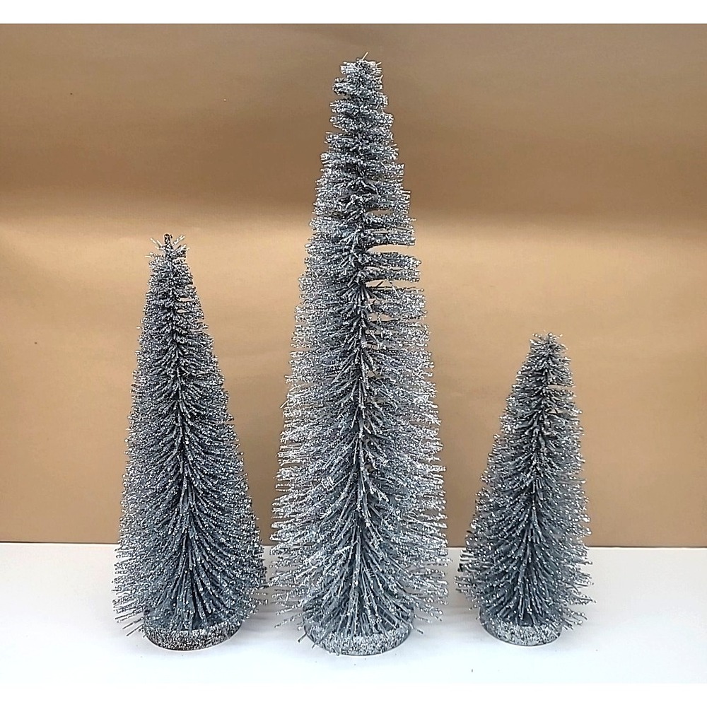 Set Of 3 Silver Glitter Bottle Brush Christmas Trees-Glitter Base 8"/10.25"/14"